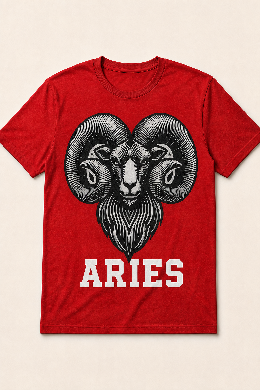 Red T-shirt with a black and white ram graphic and Aries text