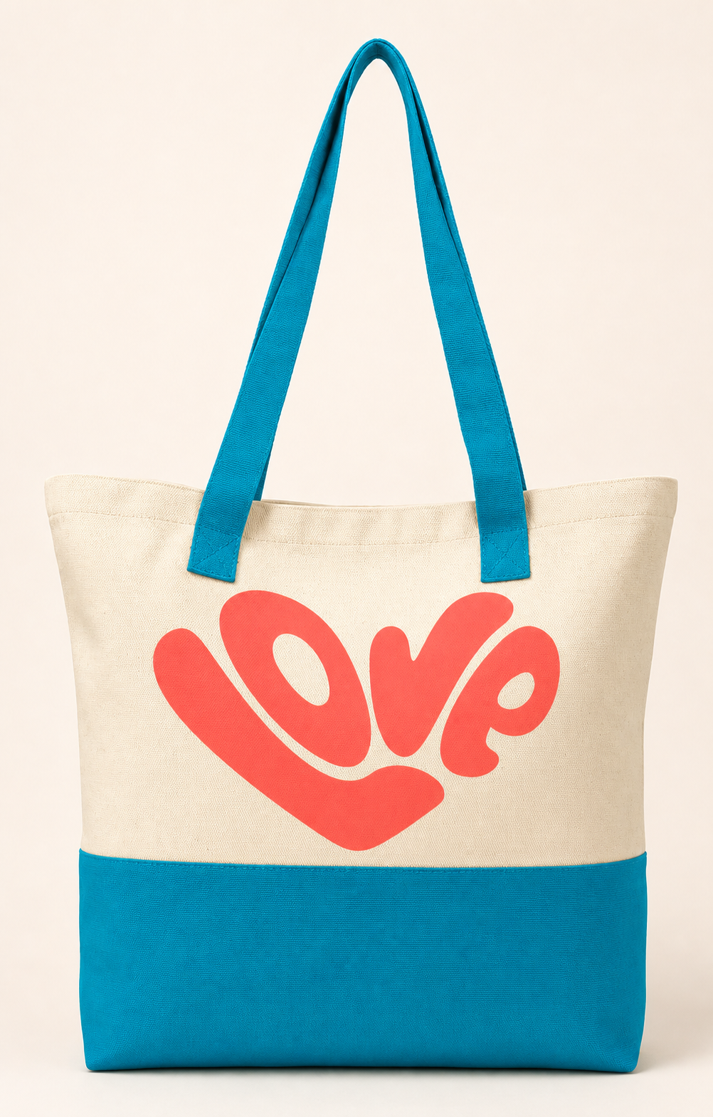 Beige and teal tote bag with a coral Love graphic
