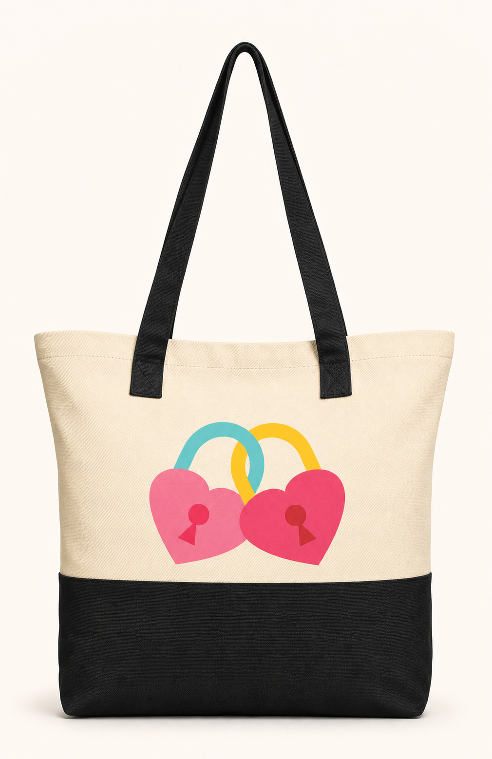 Beige and black tote bag with two colorful heart lock graphics