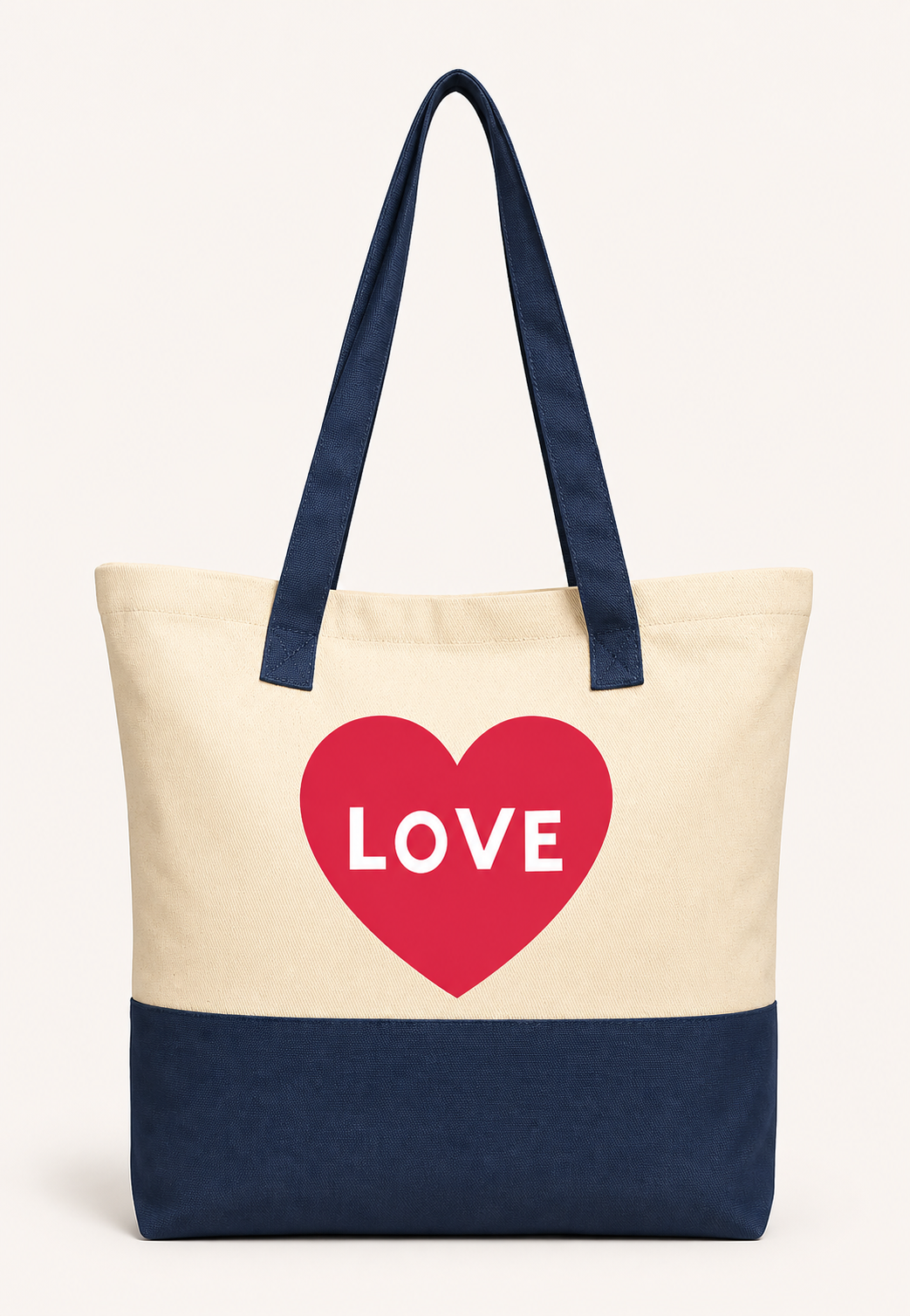 Beige and navy tote bag with a red heart and the word Love
