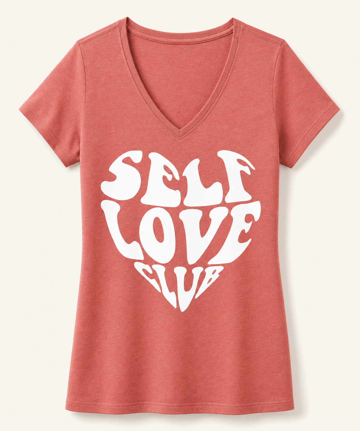 Coral V-neck shirt with a white Self Love Club heart design