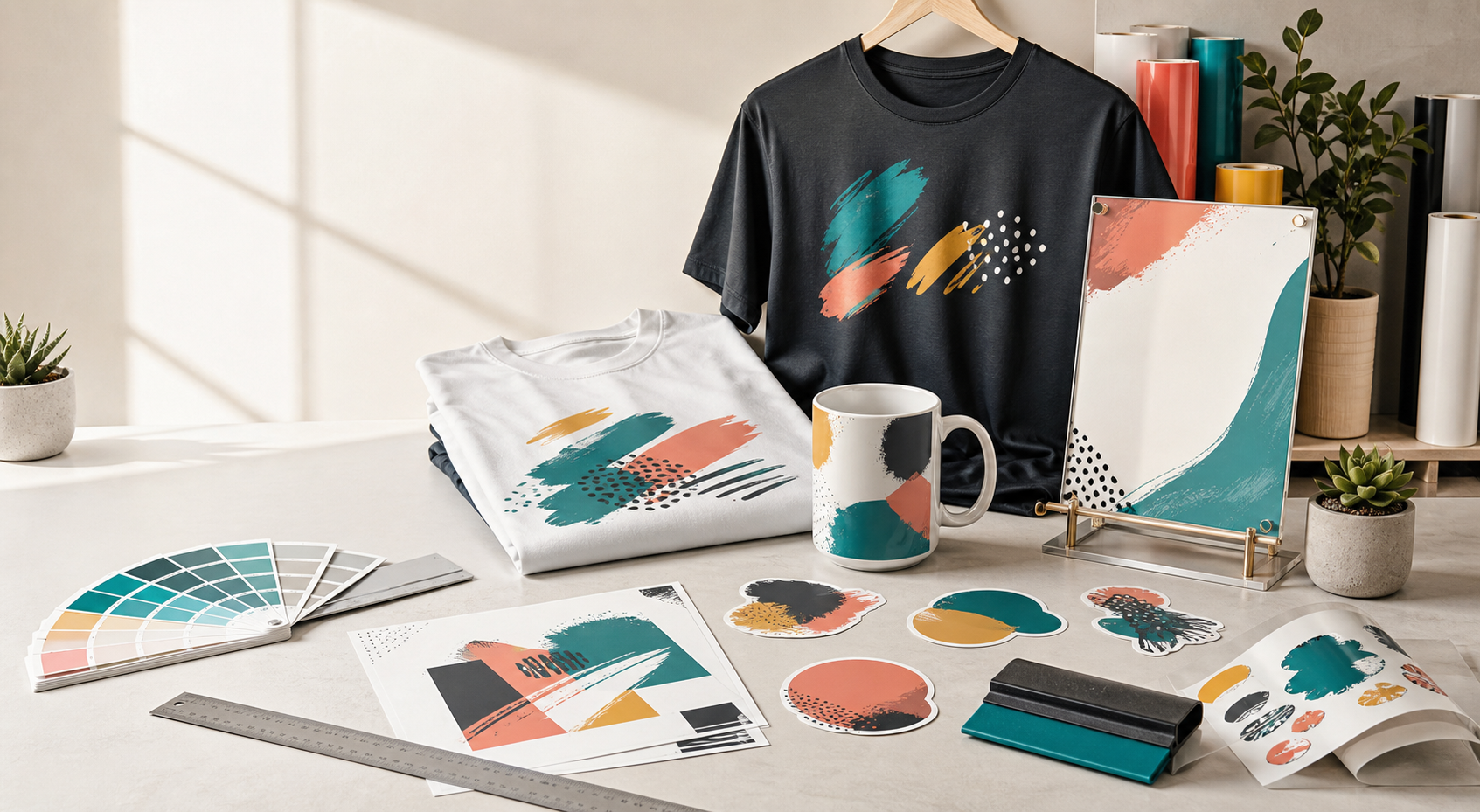 Custom shirts, mugs, gift designs, and print samples arranged on a design studio table