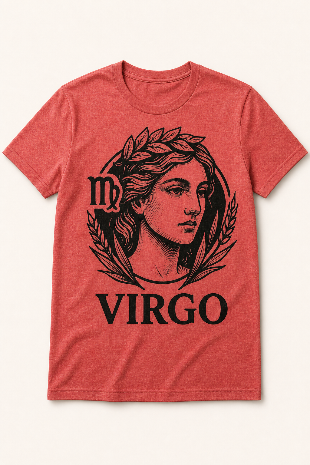 Coral red District-style T-shirt with a black Virgo illustration
